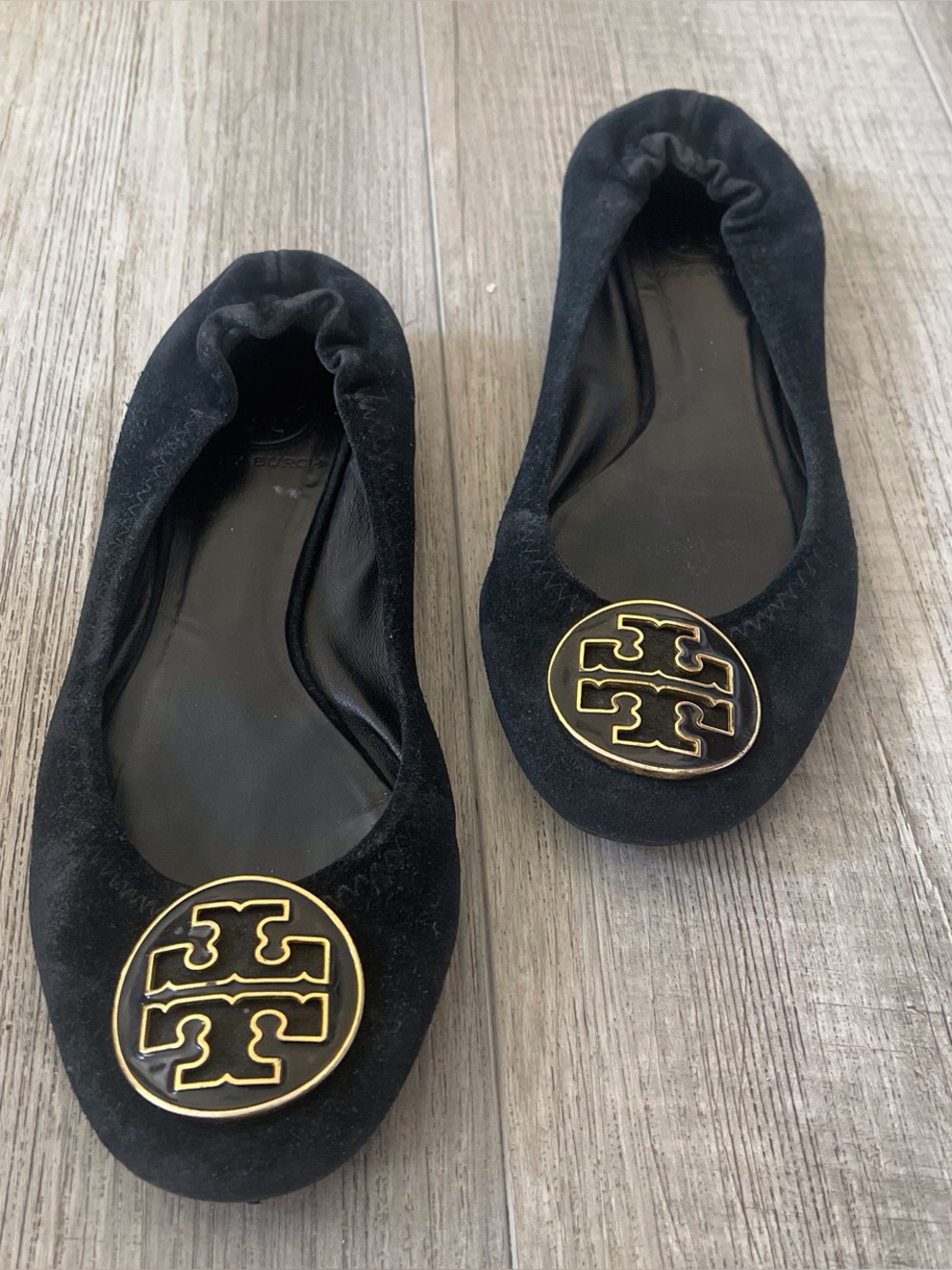 Tory Burch Black Suede Ballet Flats with Gold Logo Medallion